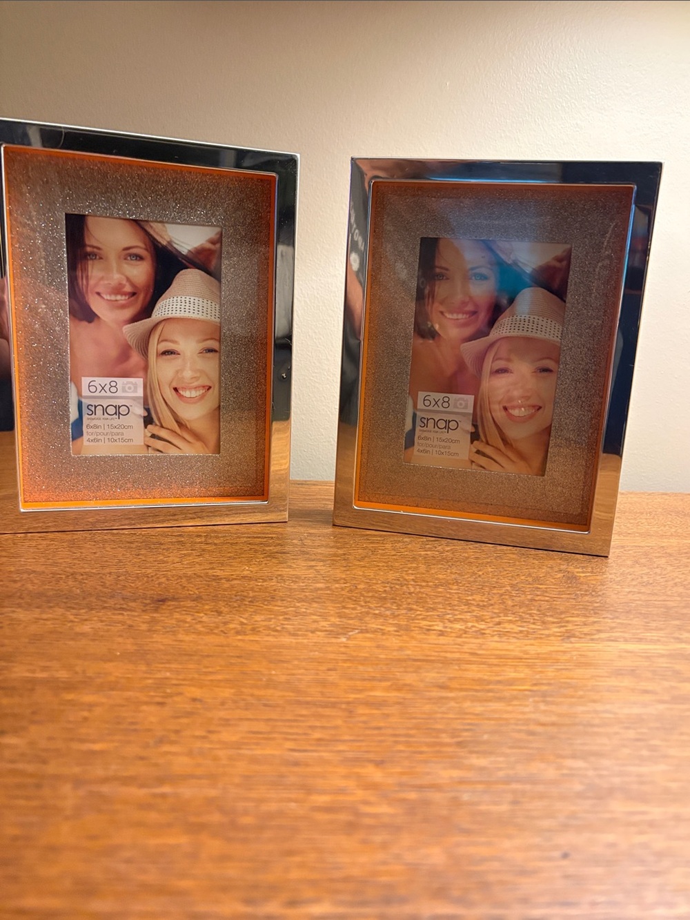 Snap Silver Picture Frames with Orange Accents and glittery mats- Pair